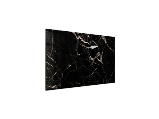 SPC WALL 400×700 Carrara black and brown glossy panel, angled view