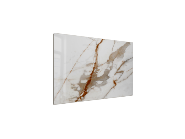 SPC WALL 400×700 Carrara white and brown glossy panel, angled view