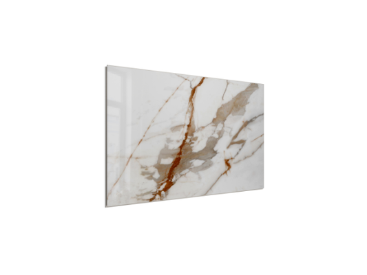 SPC WALL 400×700 Carrara white and brown glossy panel, angled view