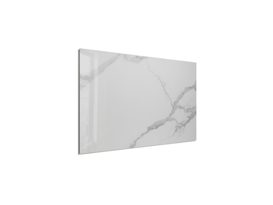 SPC WALL 400×700 Carrara white glossy panel, angled view