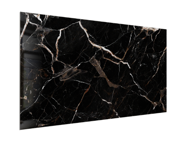 SPC WALL 600×1200 Carrara black and brown glossy panel, angled view