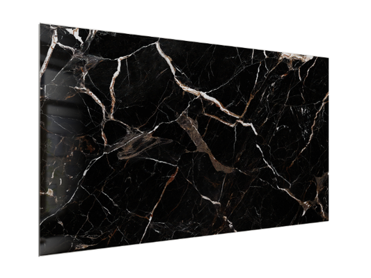 SPC WALL 600×1200 Carrara black and brown glossy panel, angled view
