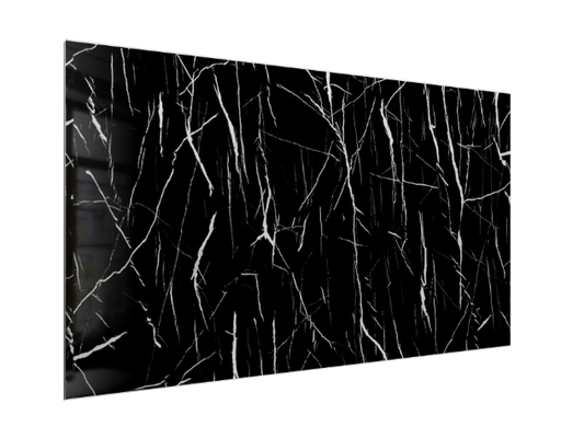 SPC WALL 600×1200 Carrara black glossy panel, angled view