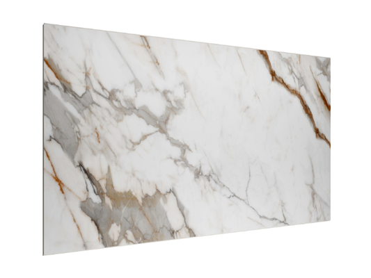SPC WALL 600×1200 Carrara white and brown glossy panel, angled view