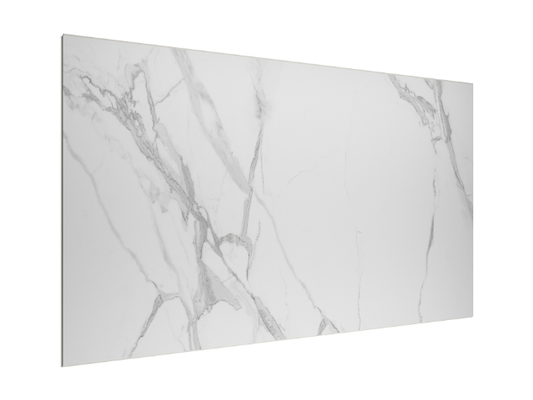 SPC WALL 600×1200 Carrara white glossy panel, angled view