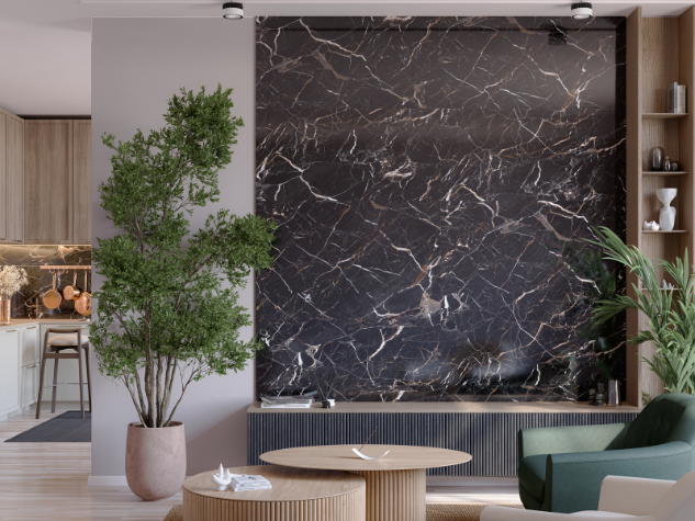 Carrara black and brown glossy SPC WALL panels in an interior