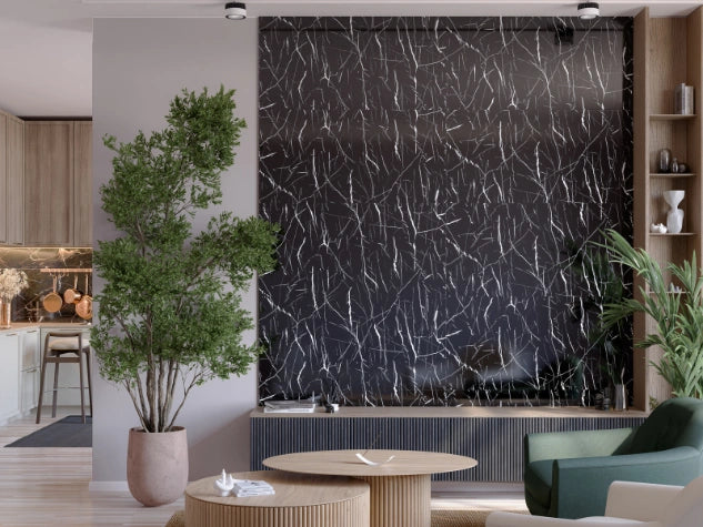 Carrara black glossy SPC WALL panels in an interior