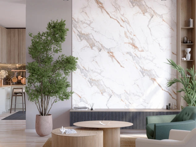 Carrara white and brown glossy SPC WALL panels in an interior