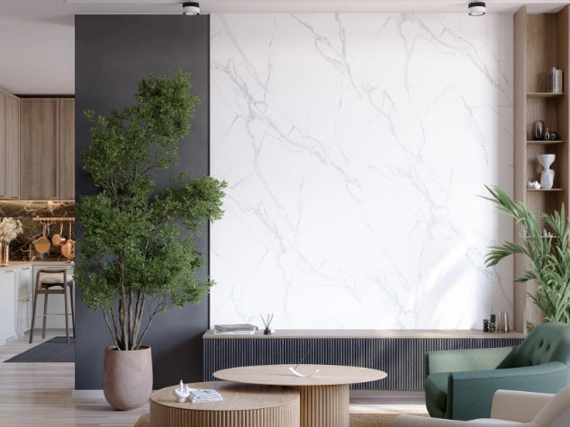 Carrara white glossy SPC WALL panels in an interior